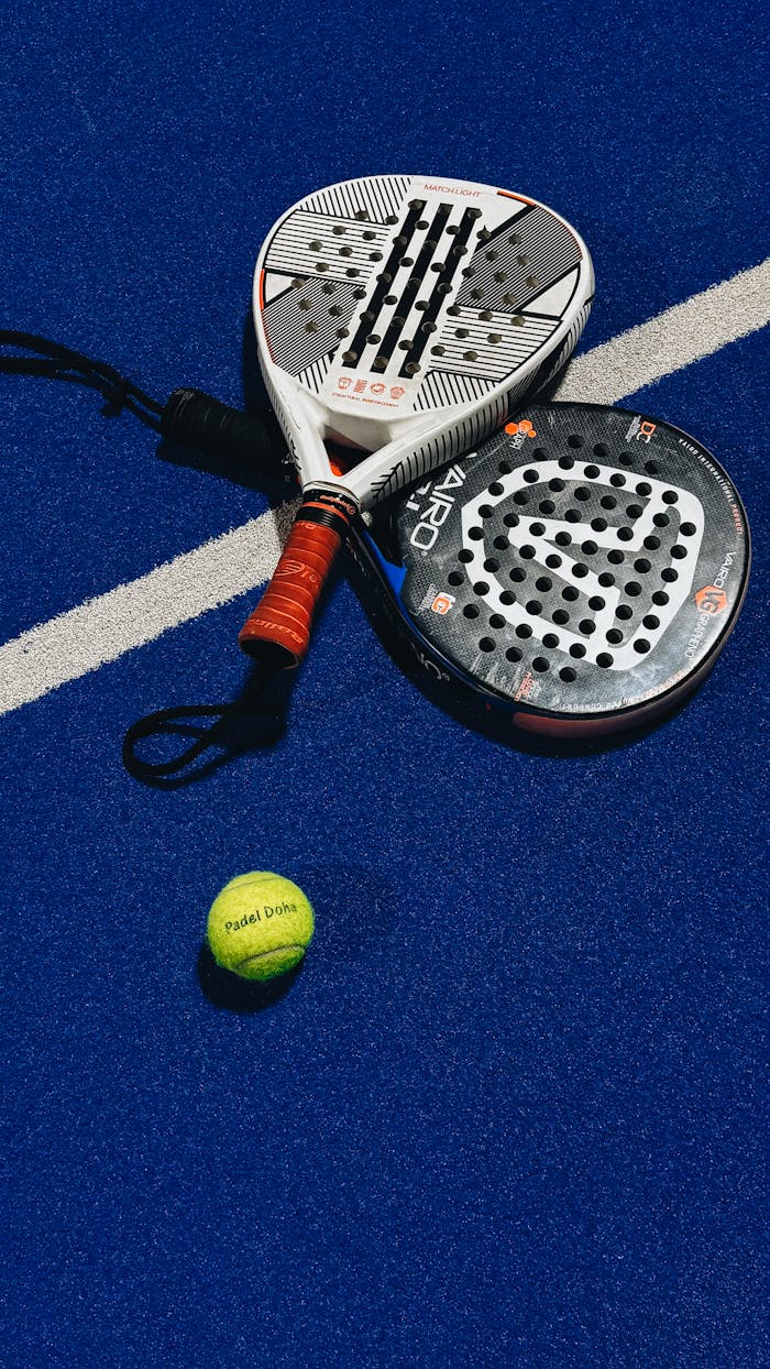 Close-up of padel rackets and ball on a blue court. Perfect for sports and recreational themes.